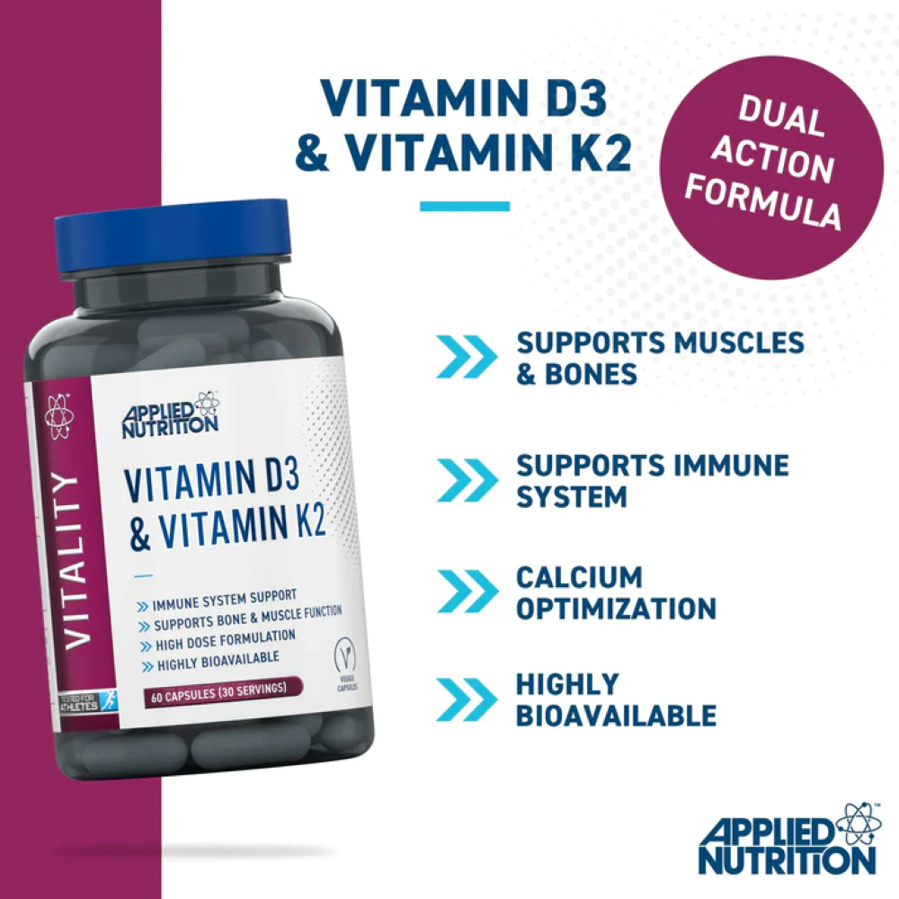Vitamina D3+K2, Applied Nutrition, Vitamin D3 + Vitamin K2, 60 Capsule