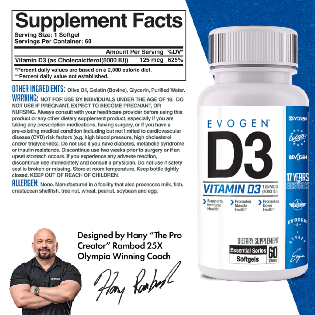 Vitamina D3, Evogen, Vitamin D3 5000 IU, 60 Softgels