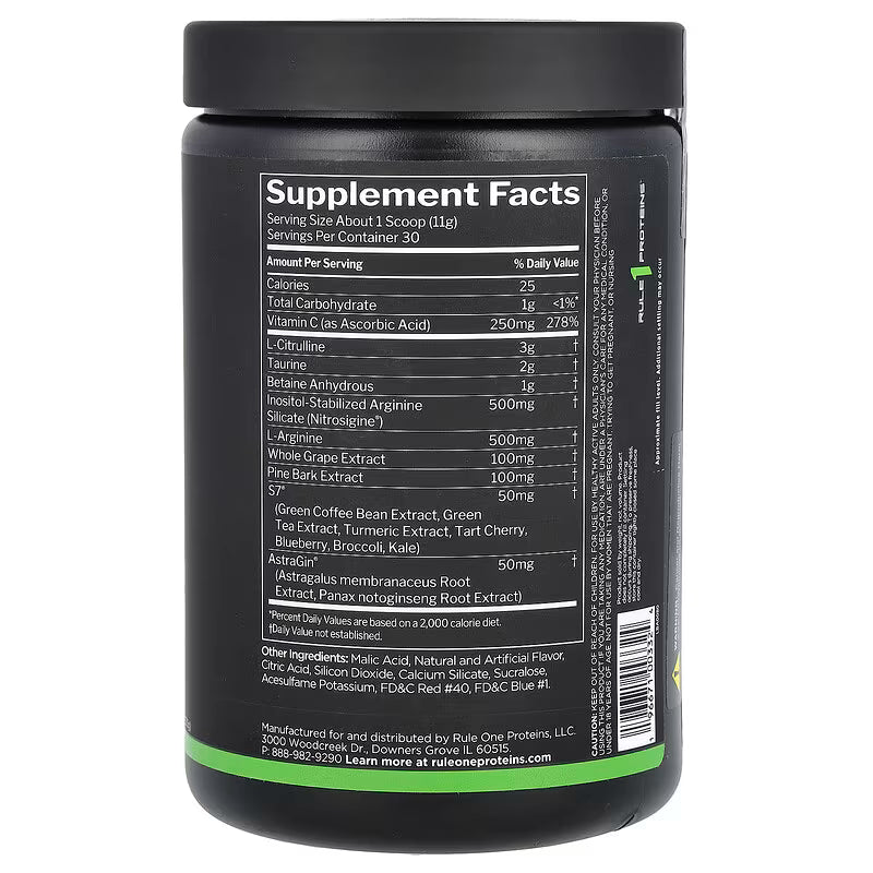 Pre-Workout fara Stimulenti, Rule One, PUMP Non-Stim Nitric Oxide Support, 330g